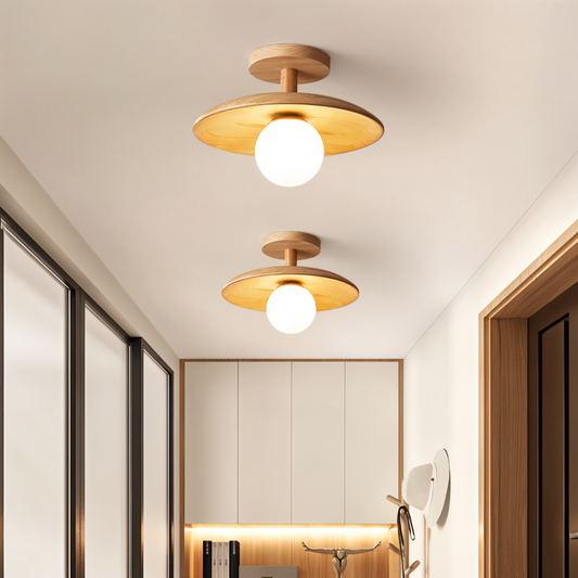 Lunova – Moderne LED Loftlampe i Træ og Glas