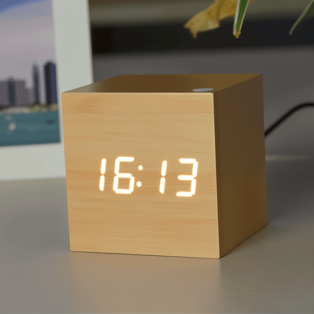 Digital LED vækkeur i træ – minimalistisk kubedesign