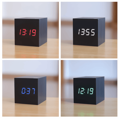 Digital LED vækkeur i træ – minimalistisk kubedesign