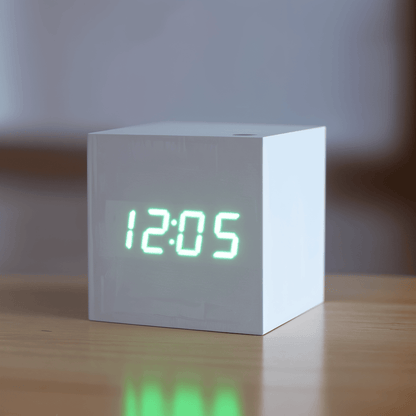 Digital LED vækkeur i træ – minimalistisk kubedesign