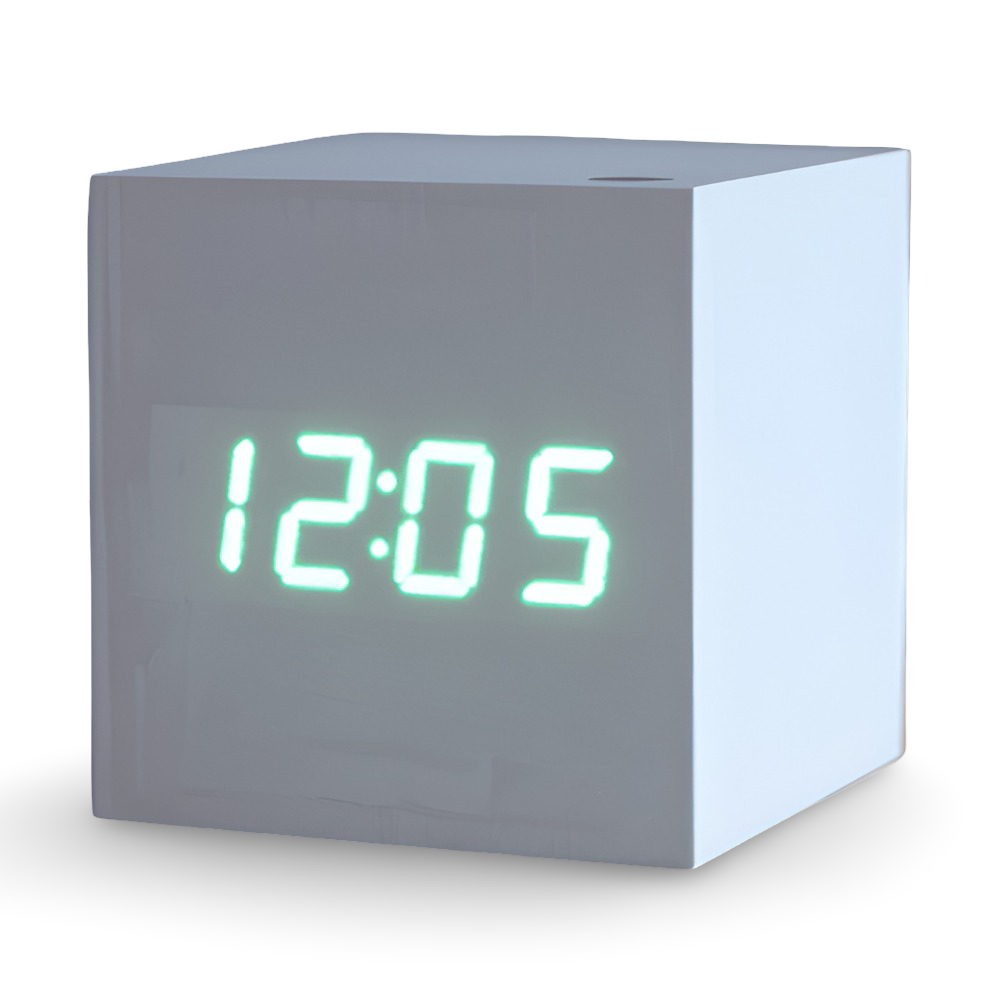 Digital LED vækkeur i træ – minimalistisk kubedesign